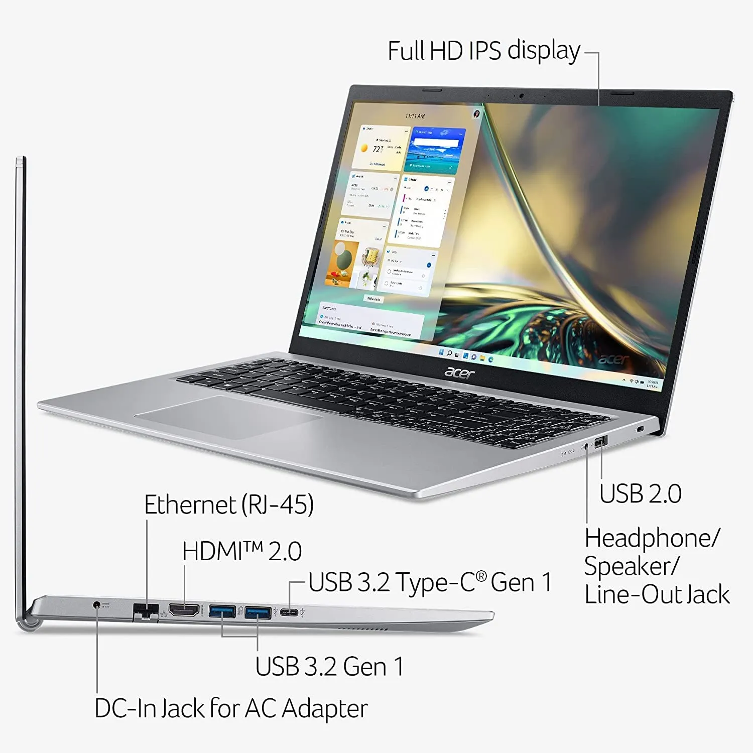 Acer Aspire 5 15.6" FHD IPS Slim Laptop, 11th Gen Intel Core i3-1115G4(Up to 4.1GHz), 8GB RAM, 512GB NVMe SSD, WiFi 6, USB, Webcam, Windows 11 S, w/GM Accessories
