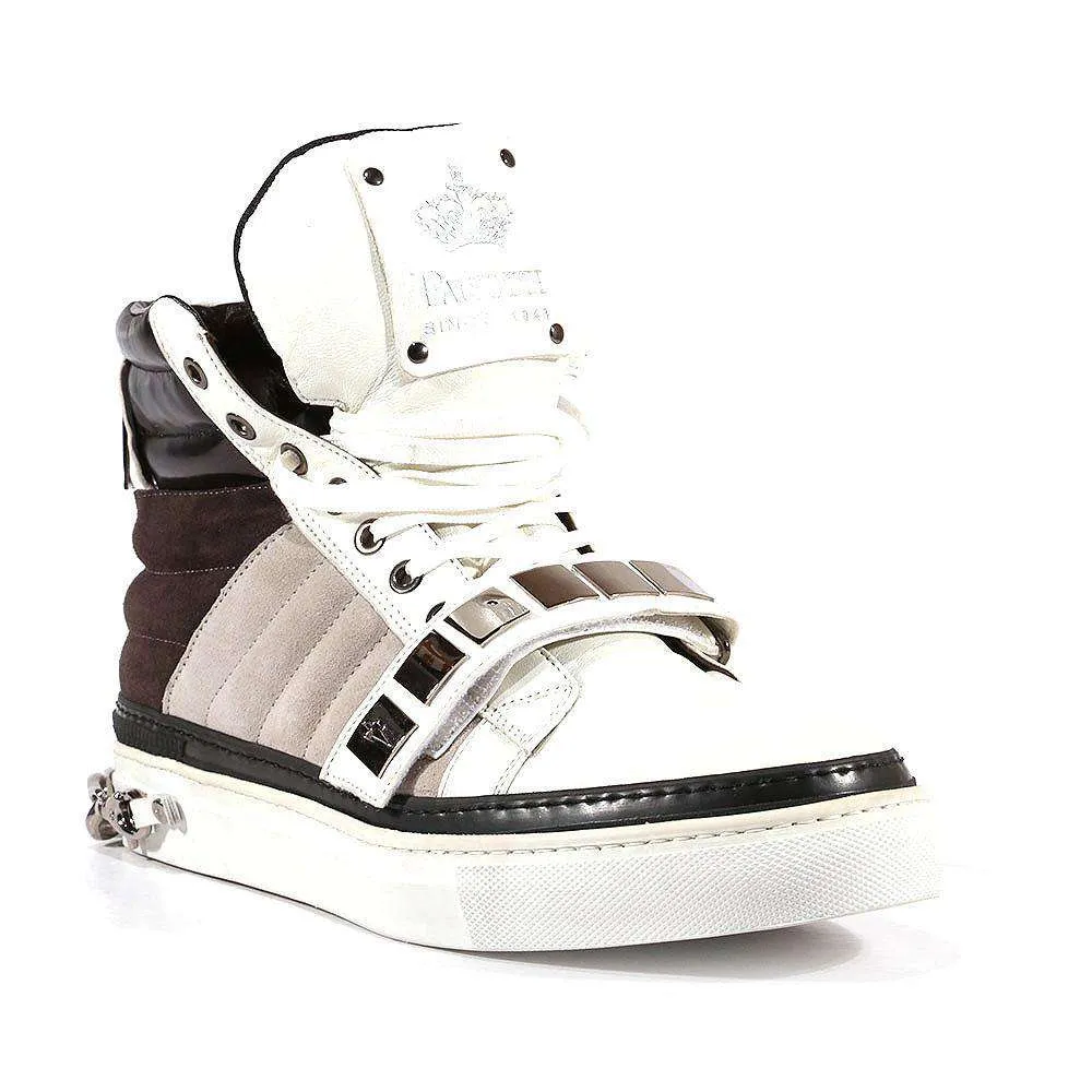 Cesare Paciotti Luxury Italian Men's Designer Shoes White Nappa Bianco Cam Gray Leather / Suede Sneakers (CPM3033)