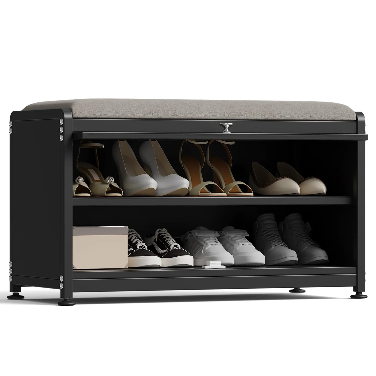 cozy Shoe Storage Cabinet with 2 Tier Shoe Rack, Entryway Bench with Cushion, Metal, Black