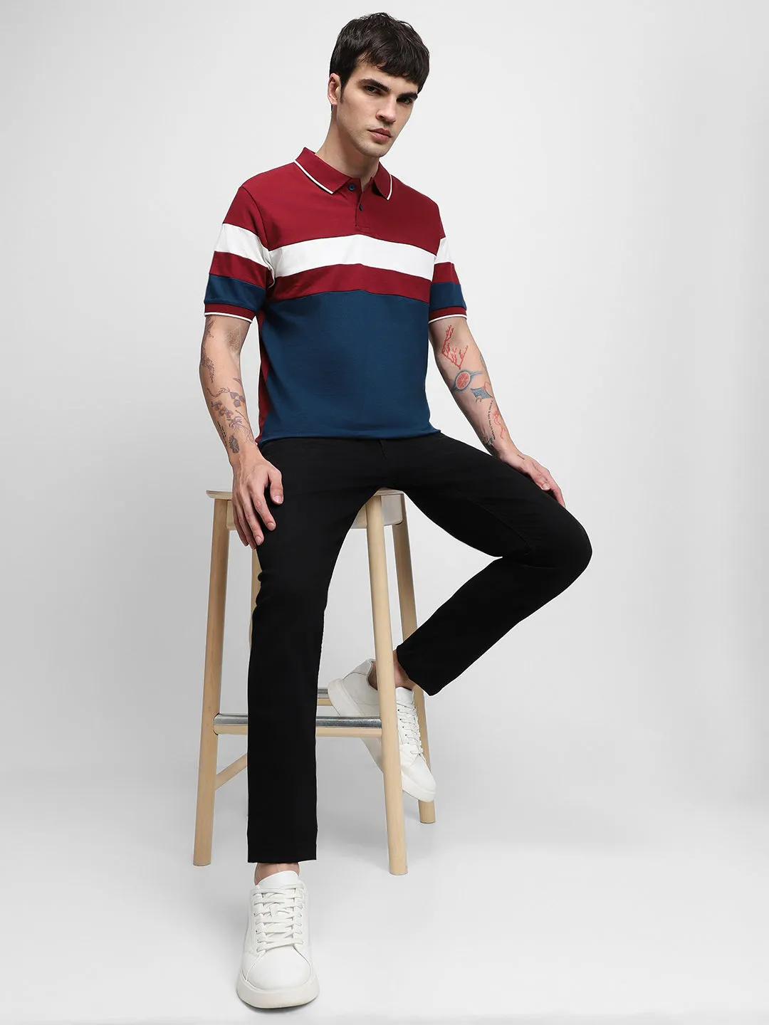 Dennis Lingo Colourblocked Polo Collar Slim Fit Pure Cotton Casual T-shirt