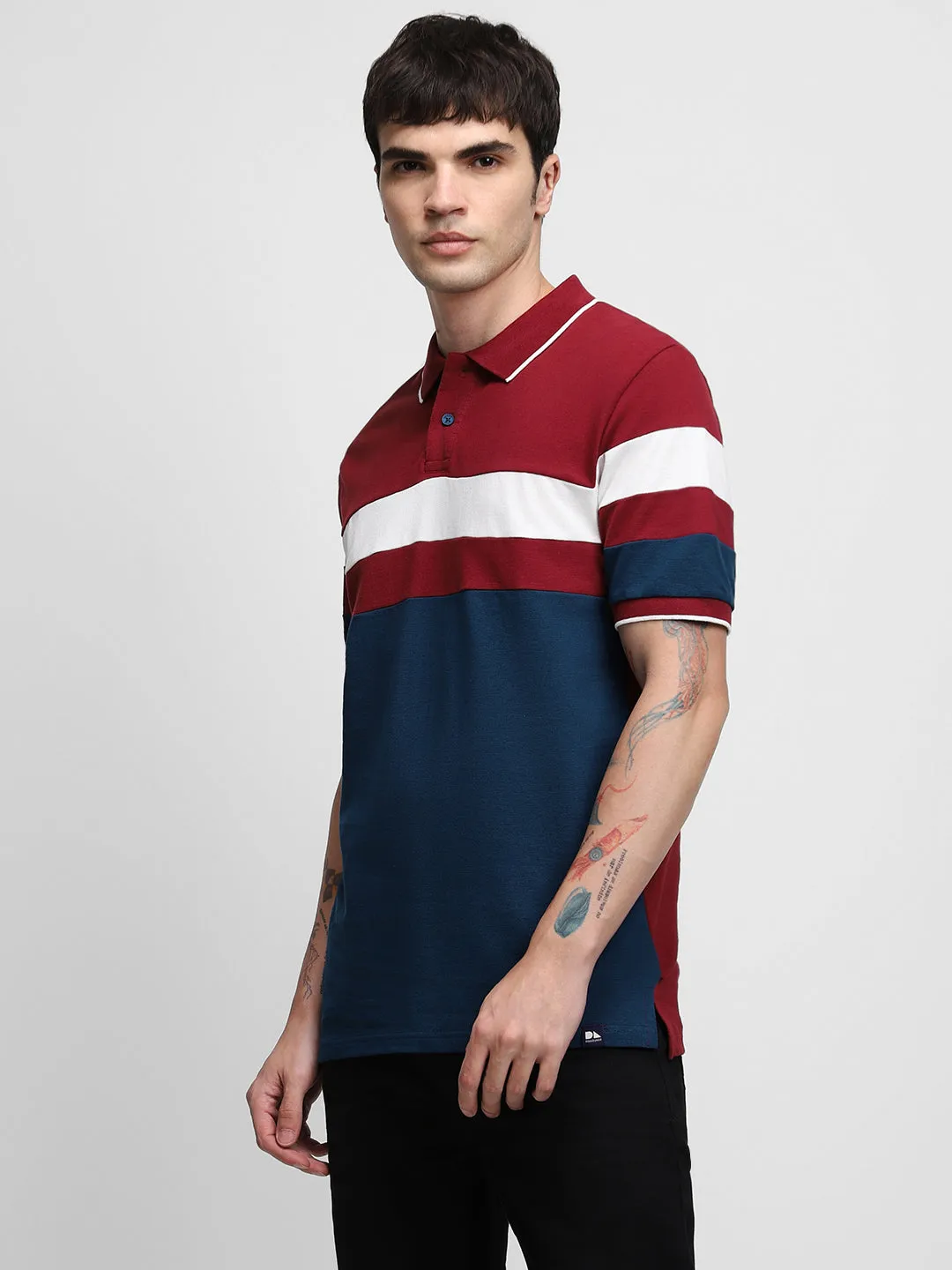 Dennis Lingo Colourblocked Polo Collar Slim Fit Pure Cotton Casual T-shirt