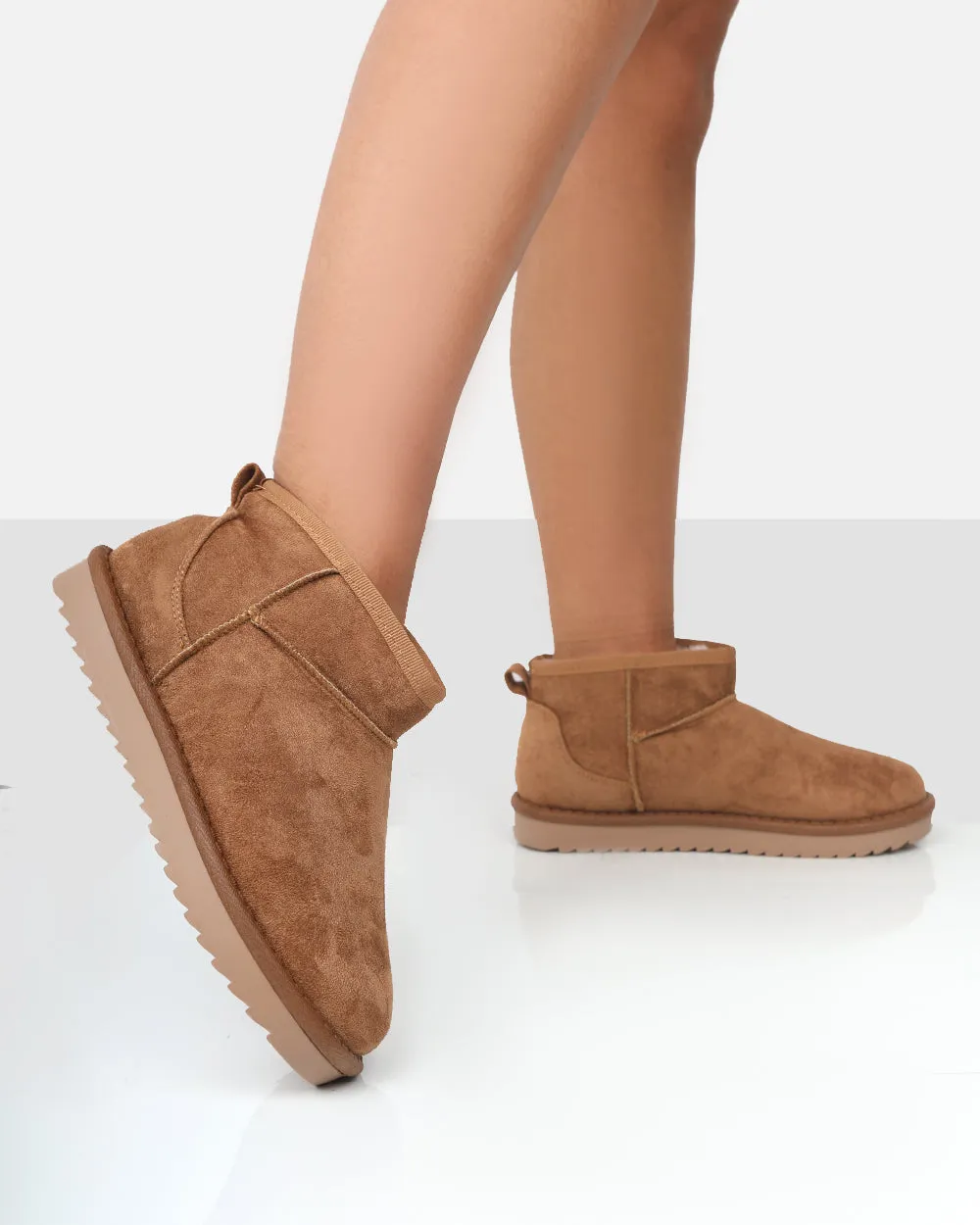 Frosty Tan Faux Suede Ultra Mini Ankle Boots