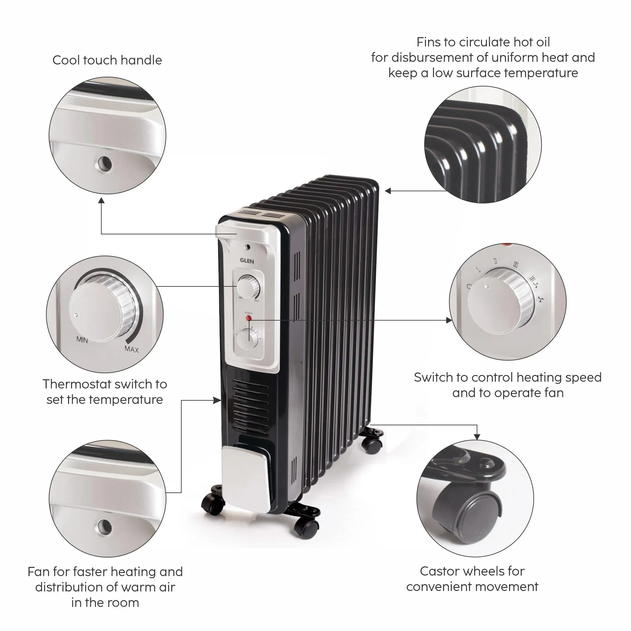 Glen HA7015OR9 Oil Filled Radiator Room Heater 2000W with Turbo Ceramic Fan400W Black  - 9 Fin