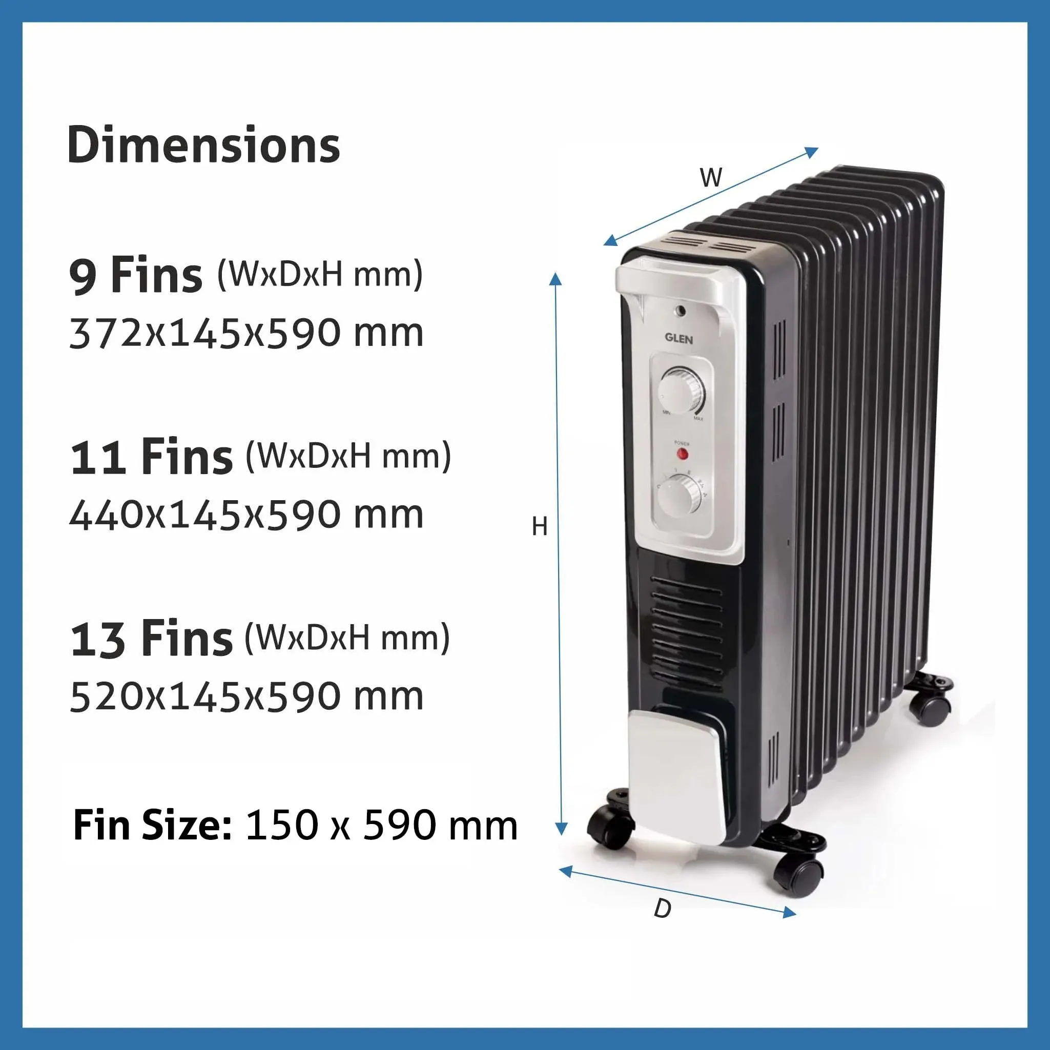 Glen HA7015OR9 Oil Filled Radiator Room Heater 2000W with Turbo Ceramic Fan400W Black  - 9 Fin