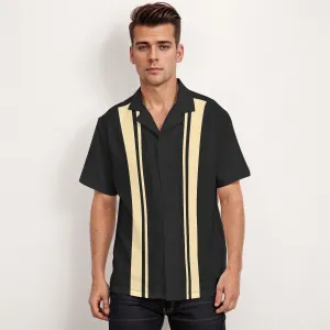 Men's Black Stripe 60s Retro Style Vintage Bowling Shirt - Color Block Vintage Style Top