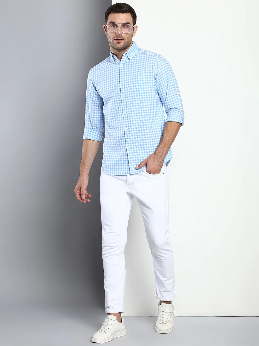 Men's Checkered Blue Slim Fit Cotton Casual Shirt With Button Down Collar & Full Sleeves