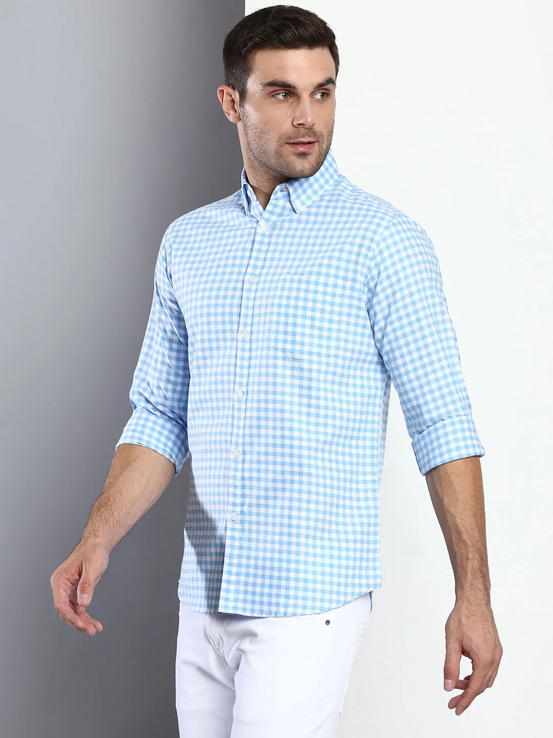 Men's Checkered Blue Slim Fit Cotton Casual Shirt With Button Down Collar & Full Sleeves
