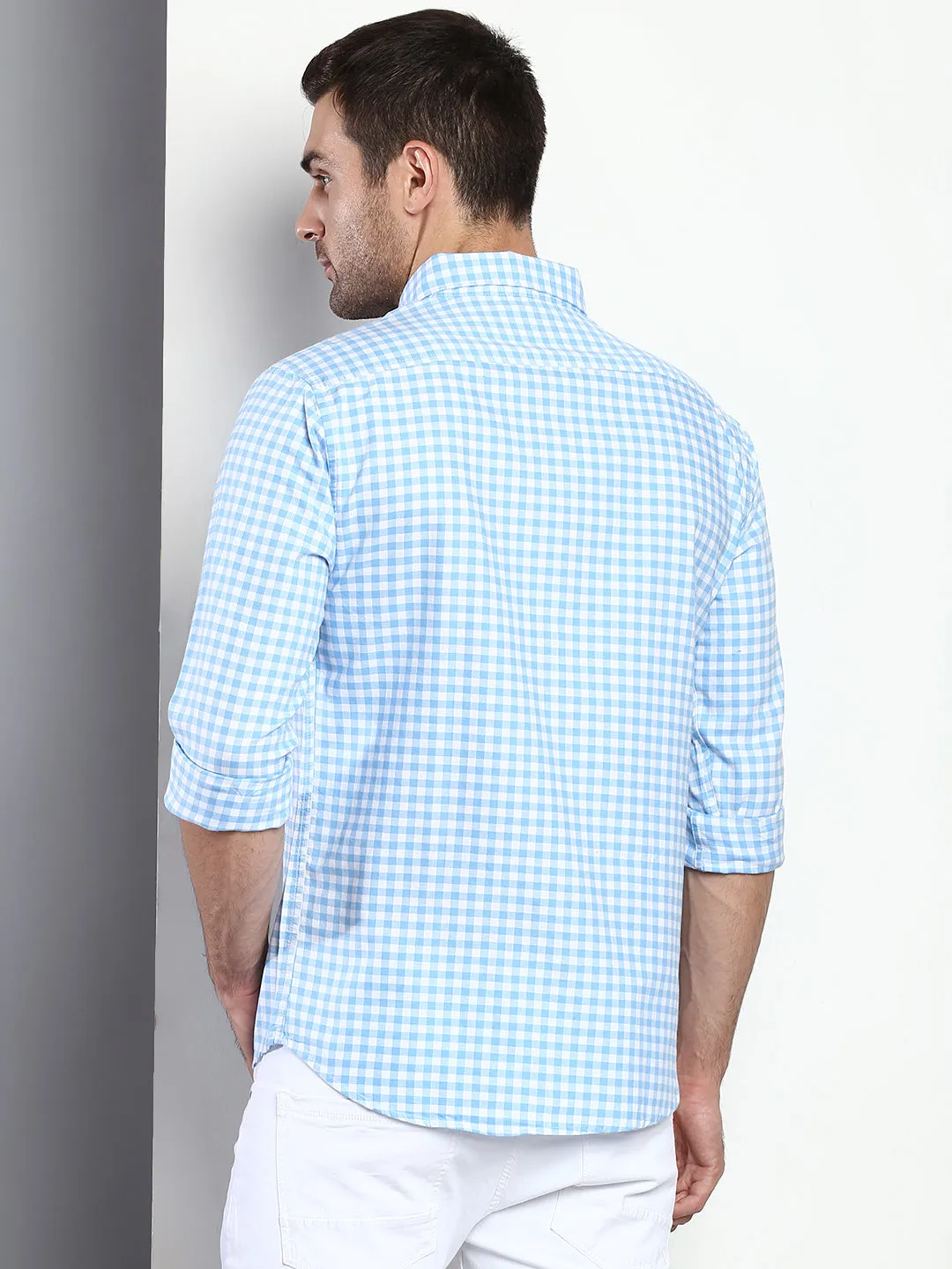 Men's Checkered Blue Slim Fit Cotton Casual Shirt With Button Down Collar & Full Sleeves