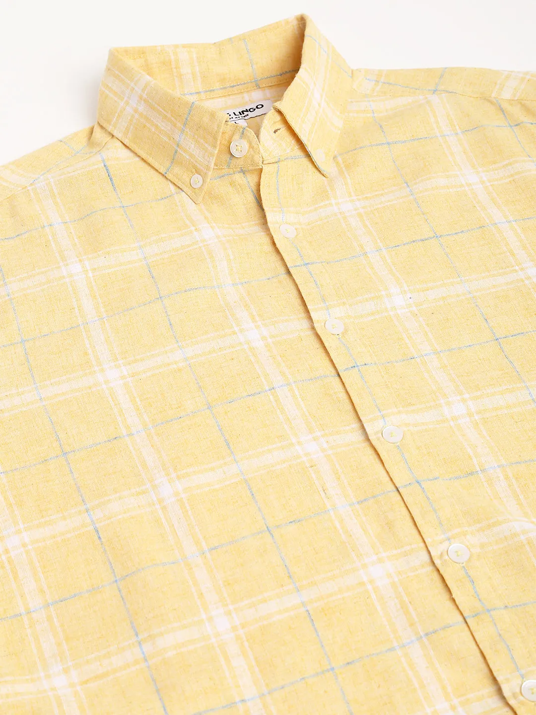 Men's Checkered Slim Fit Cotton Linen Casual Shirt With Button-Down Collar & Full Sleeves