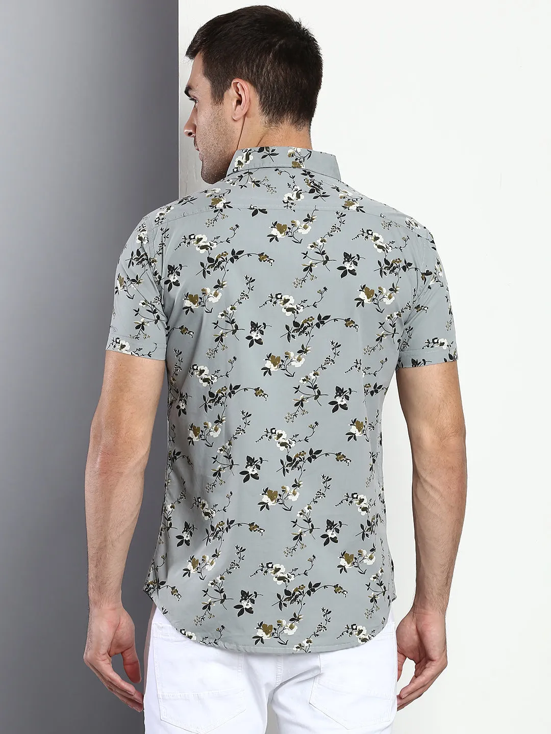 Men's Floral Dusty Teal Slim Fit Cotton Casual Shirt With Spread Collar & Half Sleeves