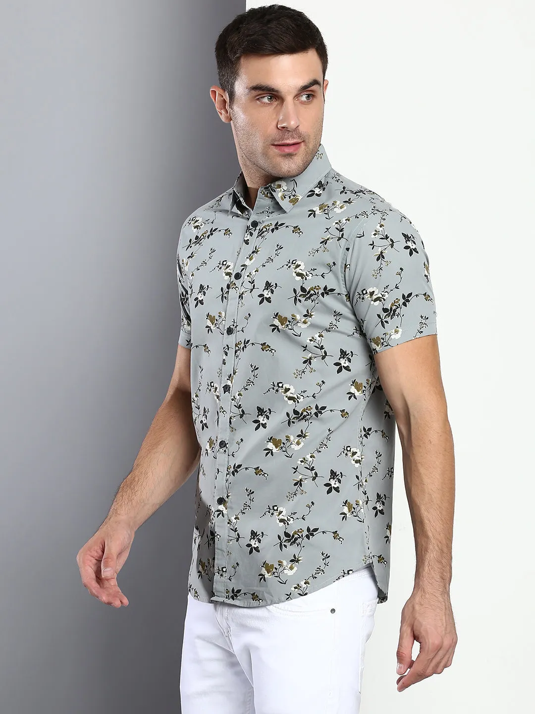 Men's Floral Dusty Teal Slim Fit Cotton Casual Shirt With Spread Collar & Half Sleeves
