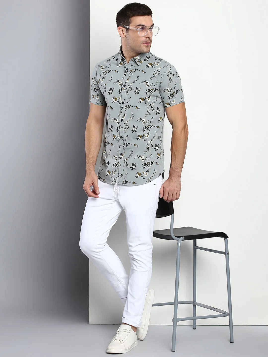 Men's Floral Dusty Teal Slim Fit Cotton Casual Shirt With Spread Collar & Half Sleeves
