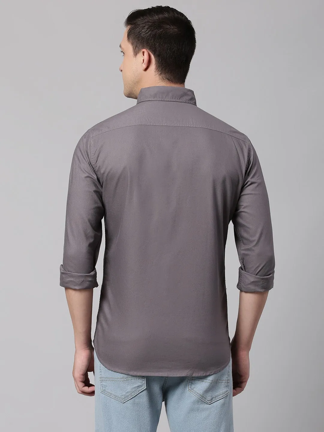 Men's Grey Button Down Collar Slim Fit Cotton Casual Shirt