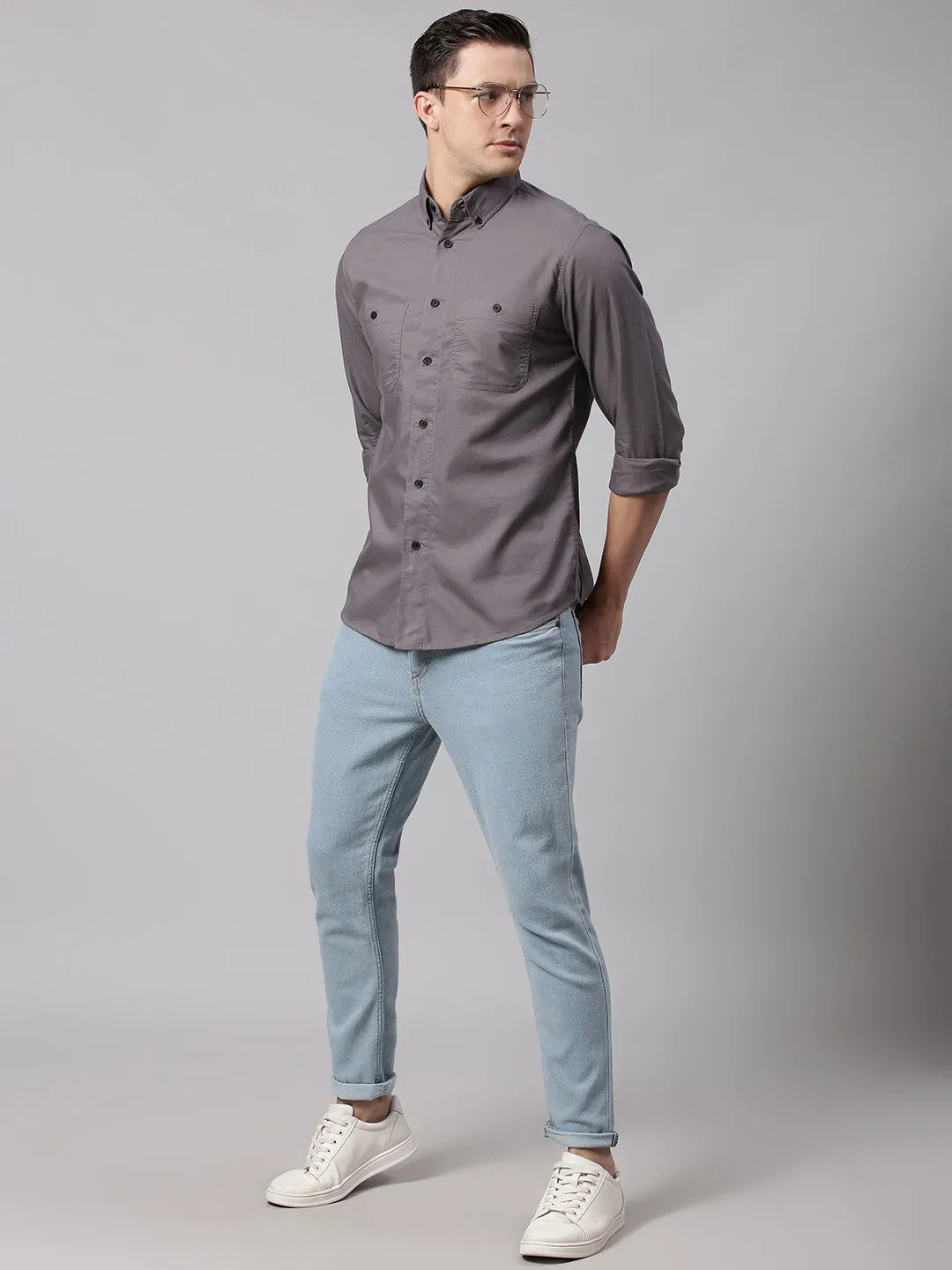 Men's Grey Button Down Collar Slim Fit Cotton Casual Shirt