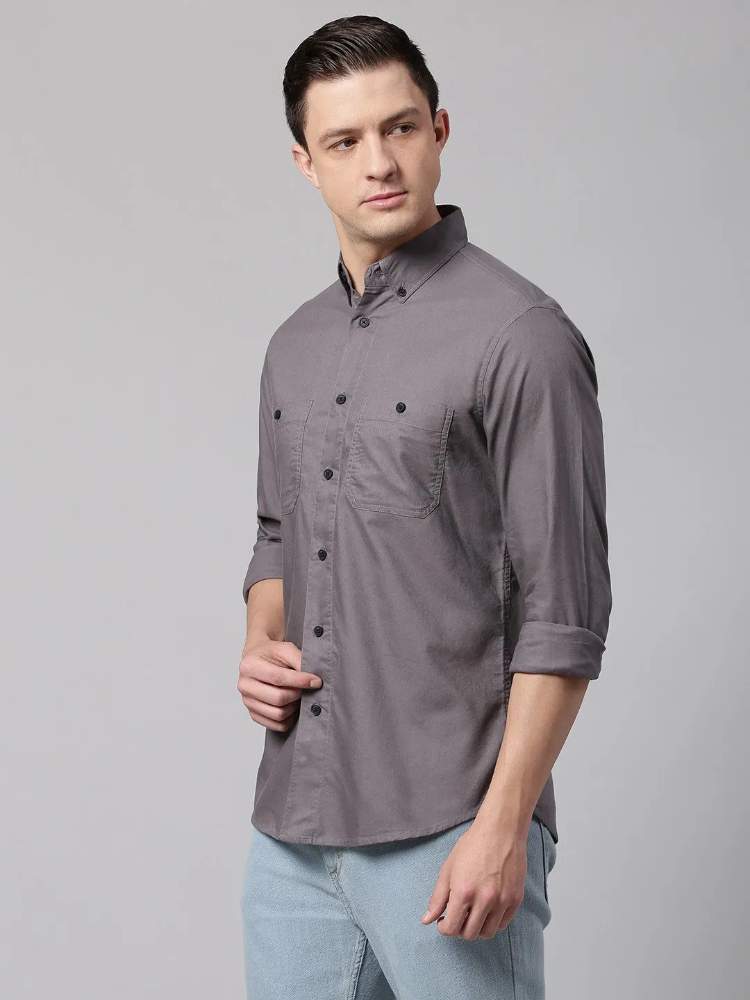 Men's Grey Button Down Collar Slim Fit Cotton Casual Shirt