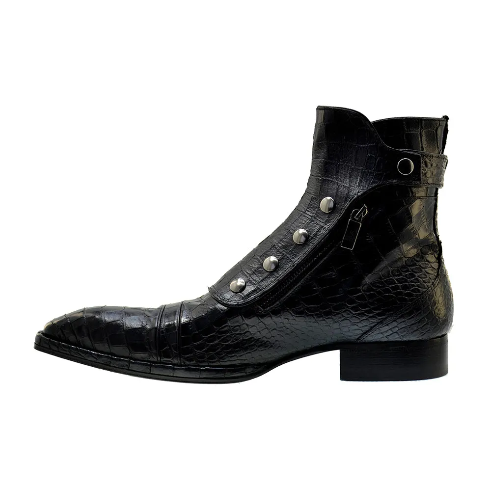Men's Italian Shoes Jo Ghost 3206 Black Leather Print Crocodile Dress Boots
