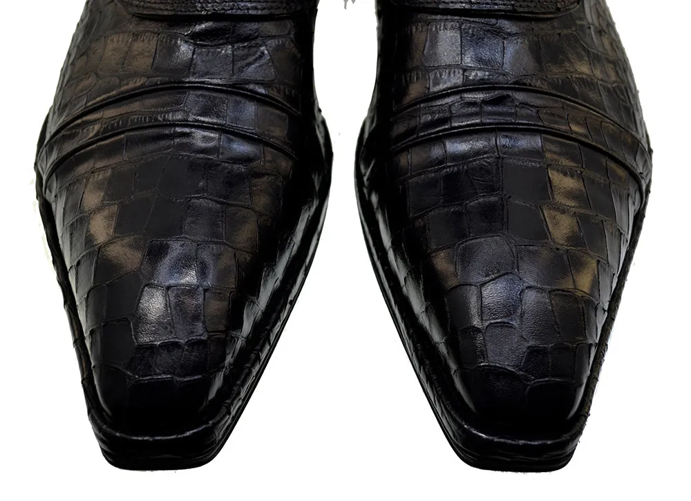 Men's Italian Shoes Jo Ghost 3206 Black Leather Print Crocodile Dress Boots