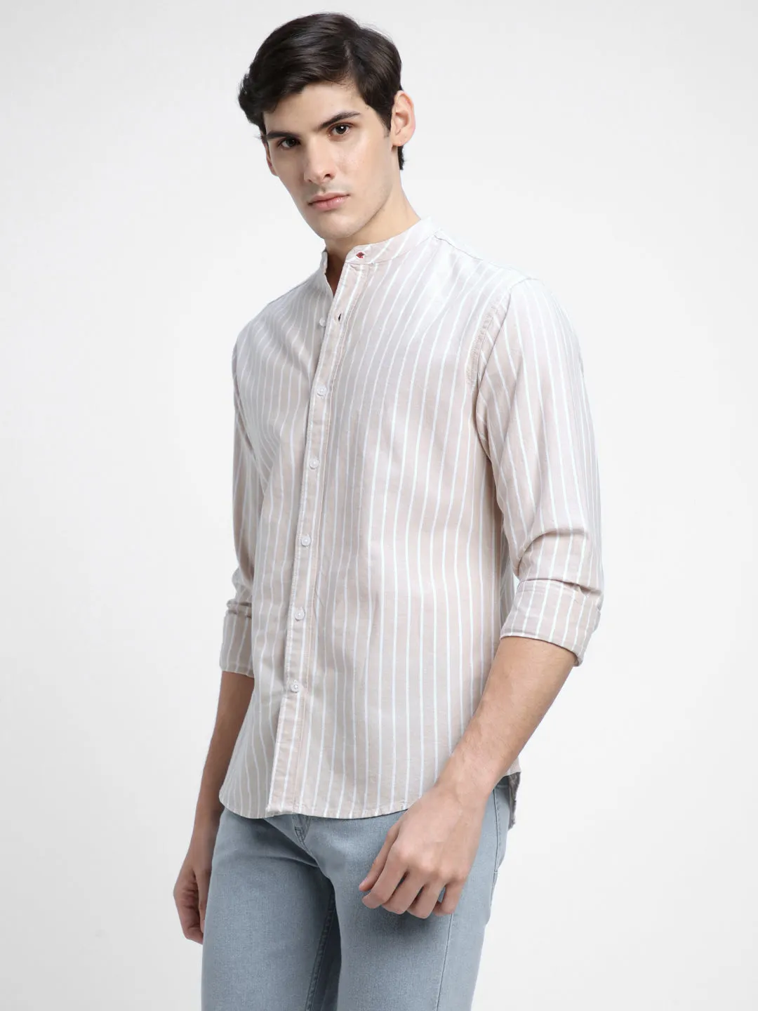 Men's Mandarin Collar Slim Fit Stripes Khaki Casual Shirts