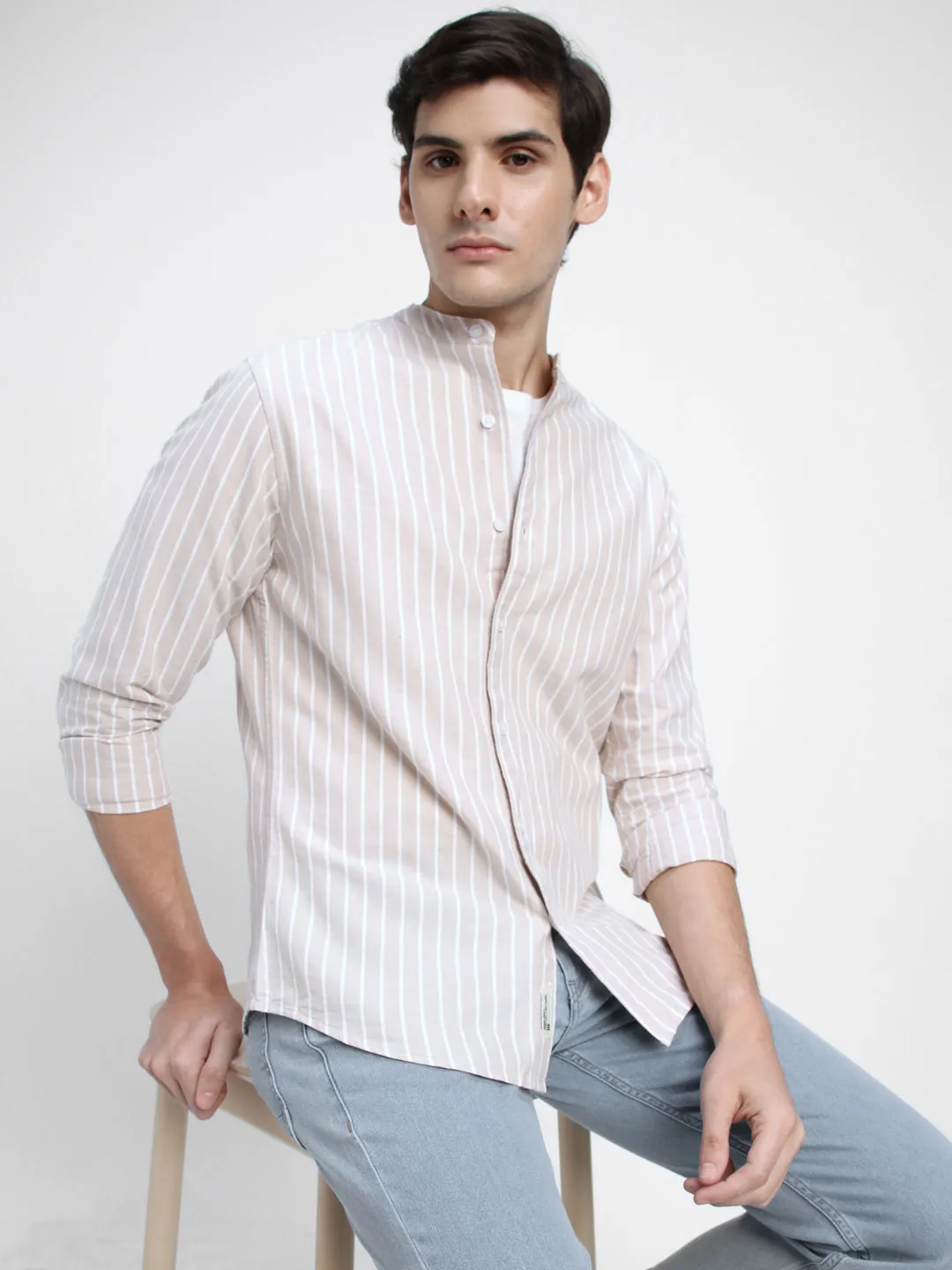 Men's Mandarin Collar Slim Fit Stripes Khaki Casual Shirts