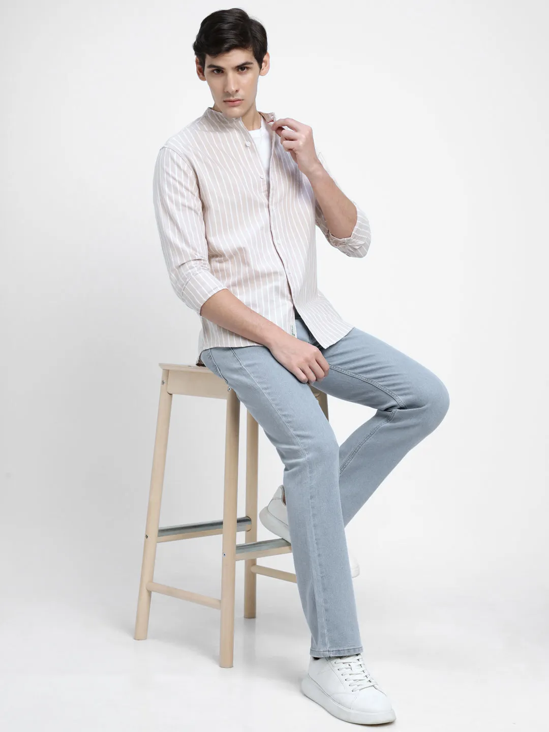 Men's Mandarin Collar Slim Fit Stripes Khaki Casual Shirts