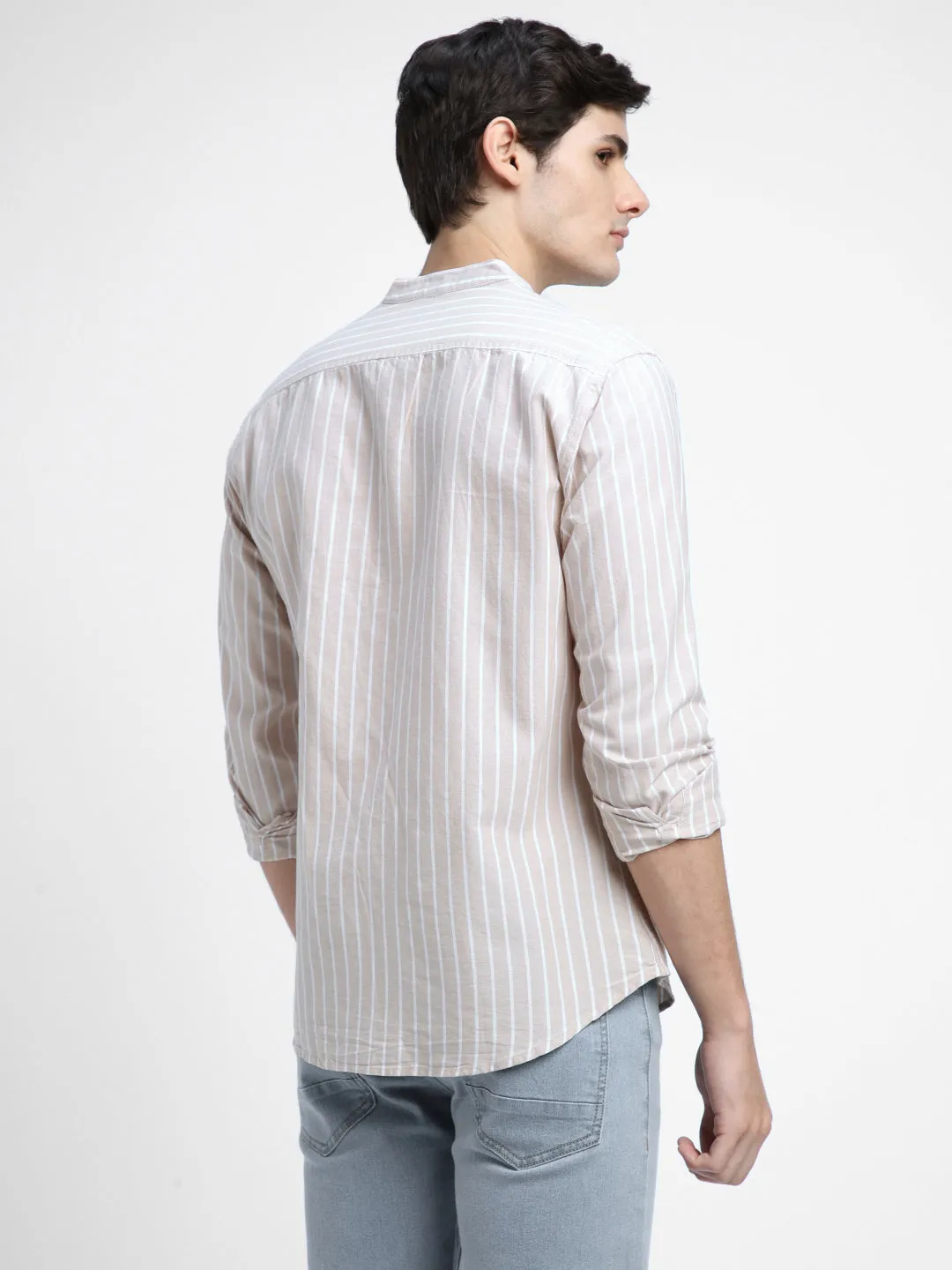 Men's Mandarin Collar Slim Fit Stripes Khaki Casual Shirts