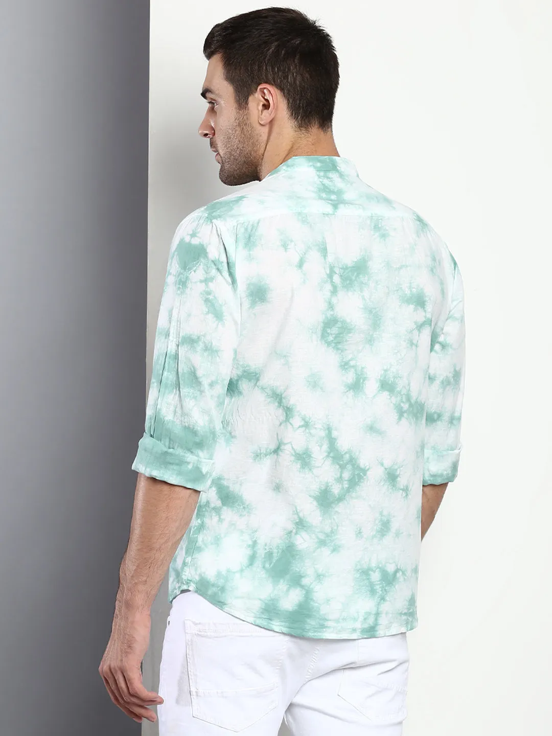 Men's Ombre Dusty Green Slim Fit Cotton Casual Shirt With Mandarin Collar & Full Sleeves
