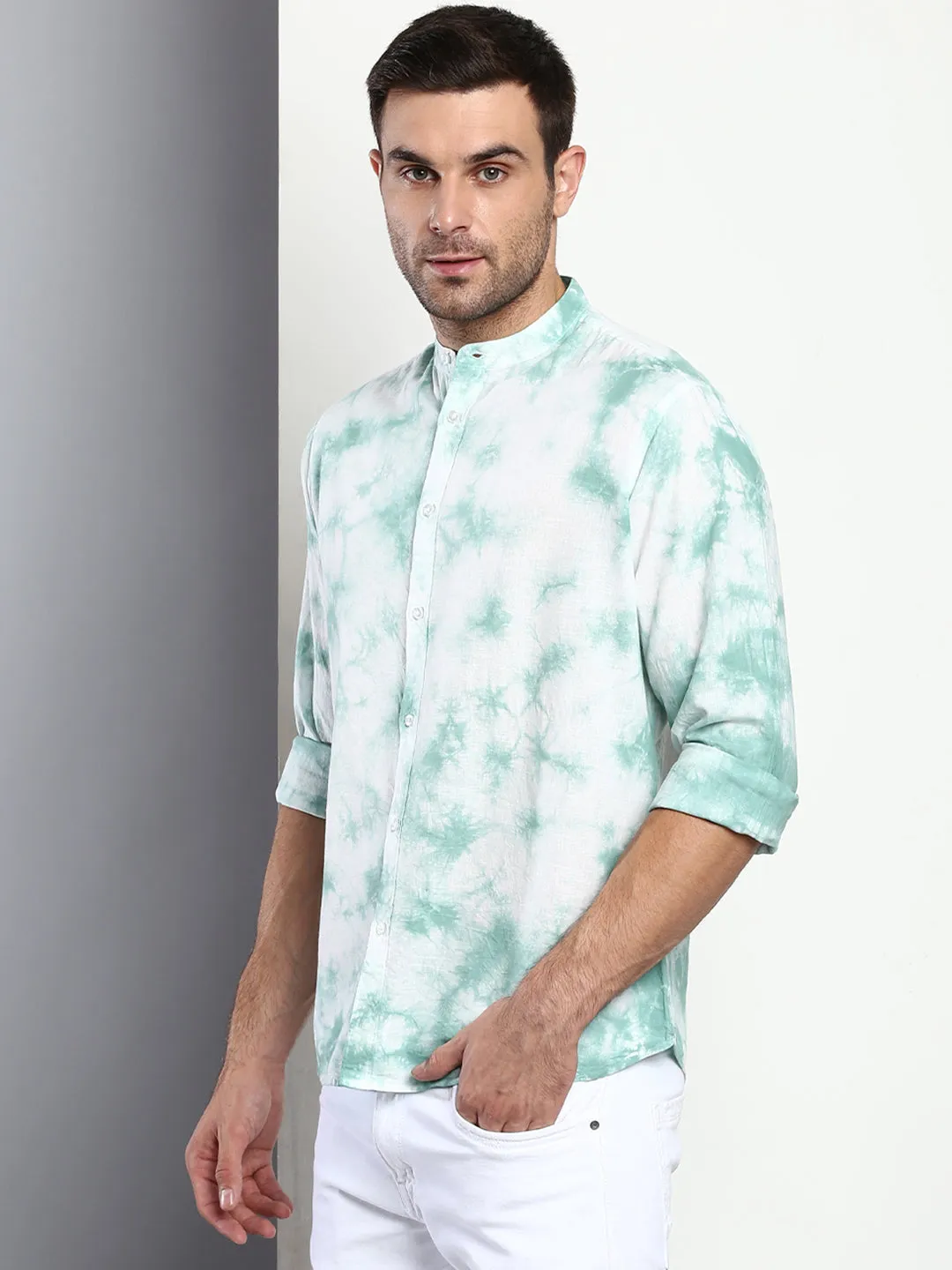 Men's Ombre Dusty Green Slim Fit Cotton Casual Shirt With Mandarin Collar & Full Sleeves