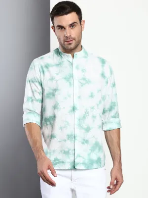 Men's Ombre Dusty Green Slim Fit Cotton Casual Shirt With Mandarin Collar & Full Sleeves