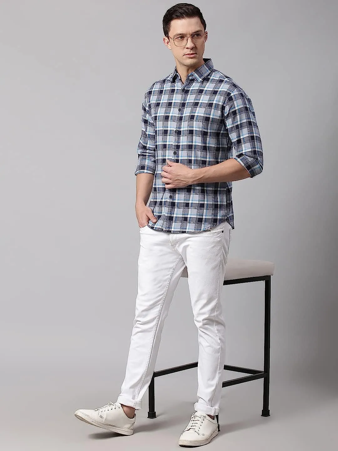Men's Regular Collar Slim Fit Solid Blue Casual Shirt
