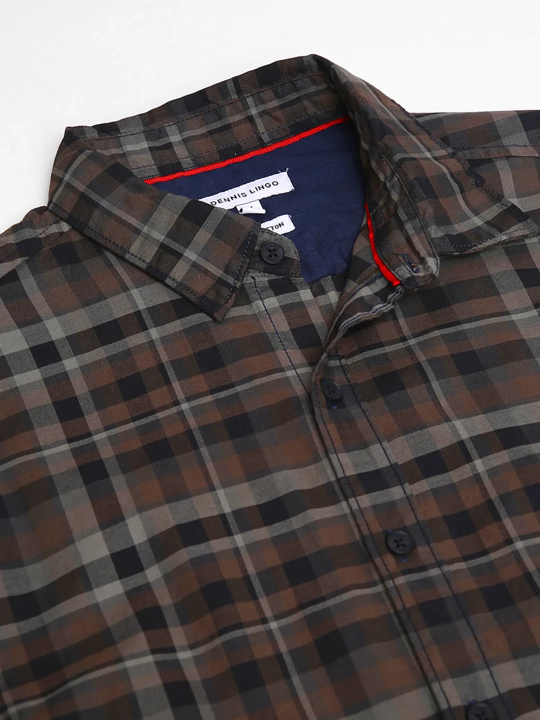 Men's Slim Fit Brown Checkered Spread Collar & Full Sleeves Casual Shirt