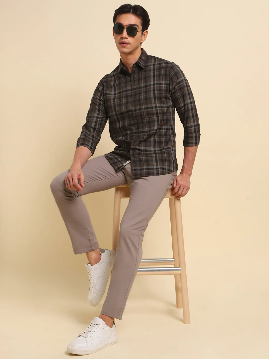 Men's Slim Fit Brown Checkered Spread Collar & Full Sleeves Casual Shirt