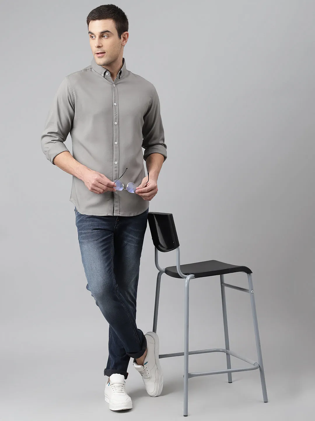 Men's Solid Grey Slim Fit Cotton Casual Shirt