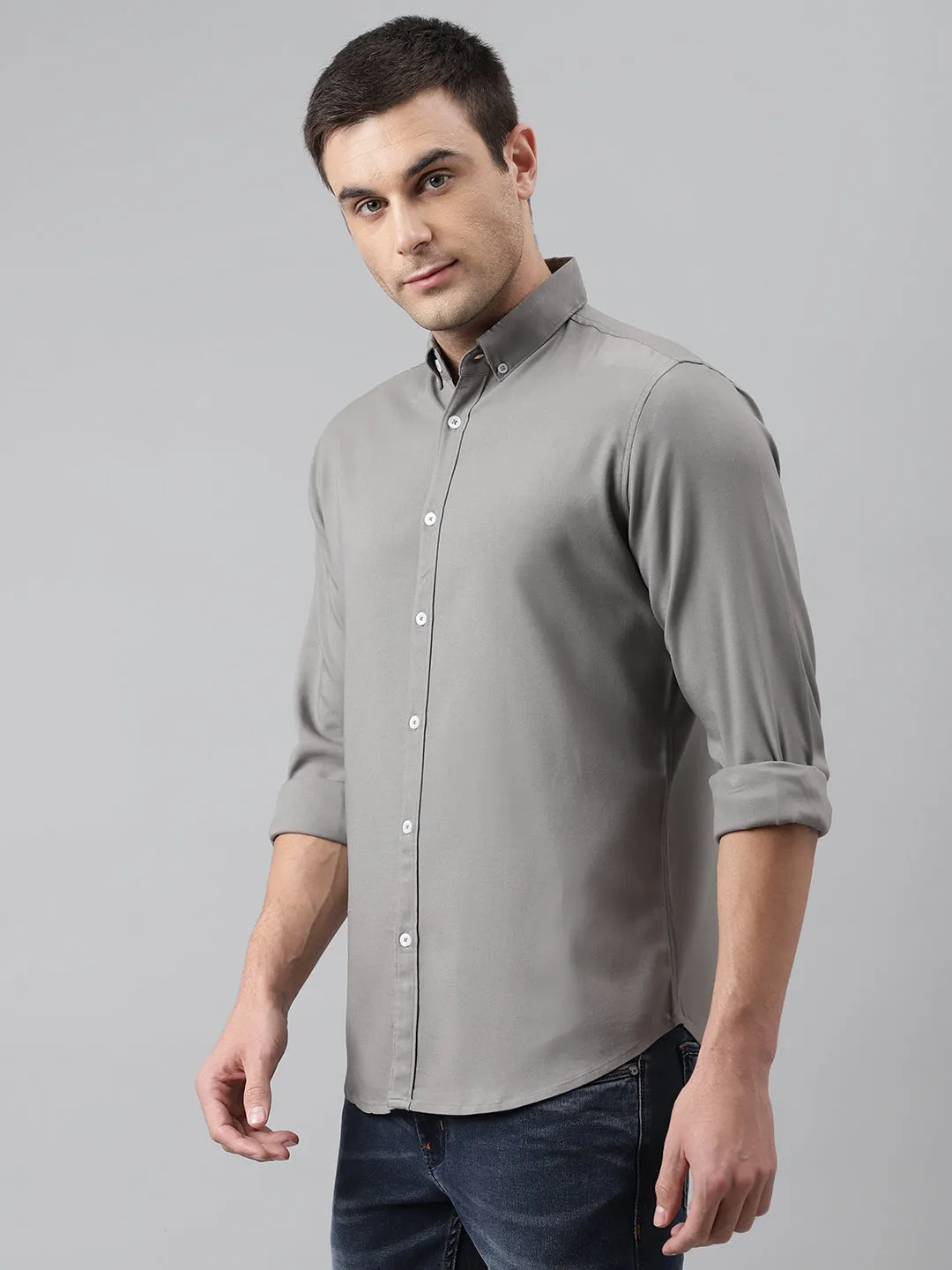 Men's Solid Grey Slim Fit Cotton Casual Shirt