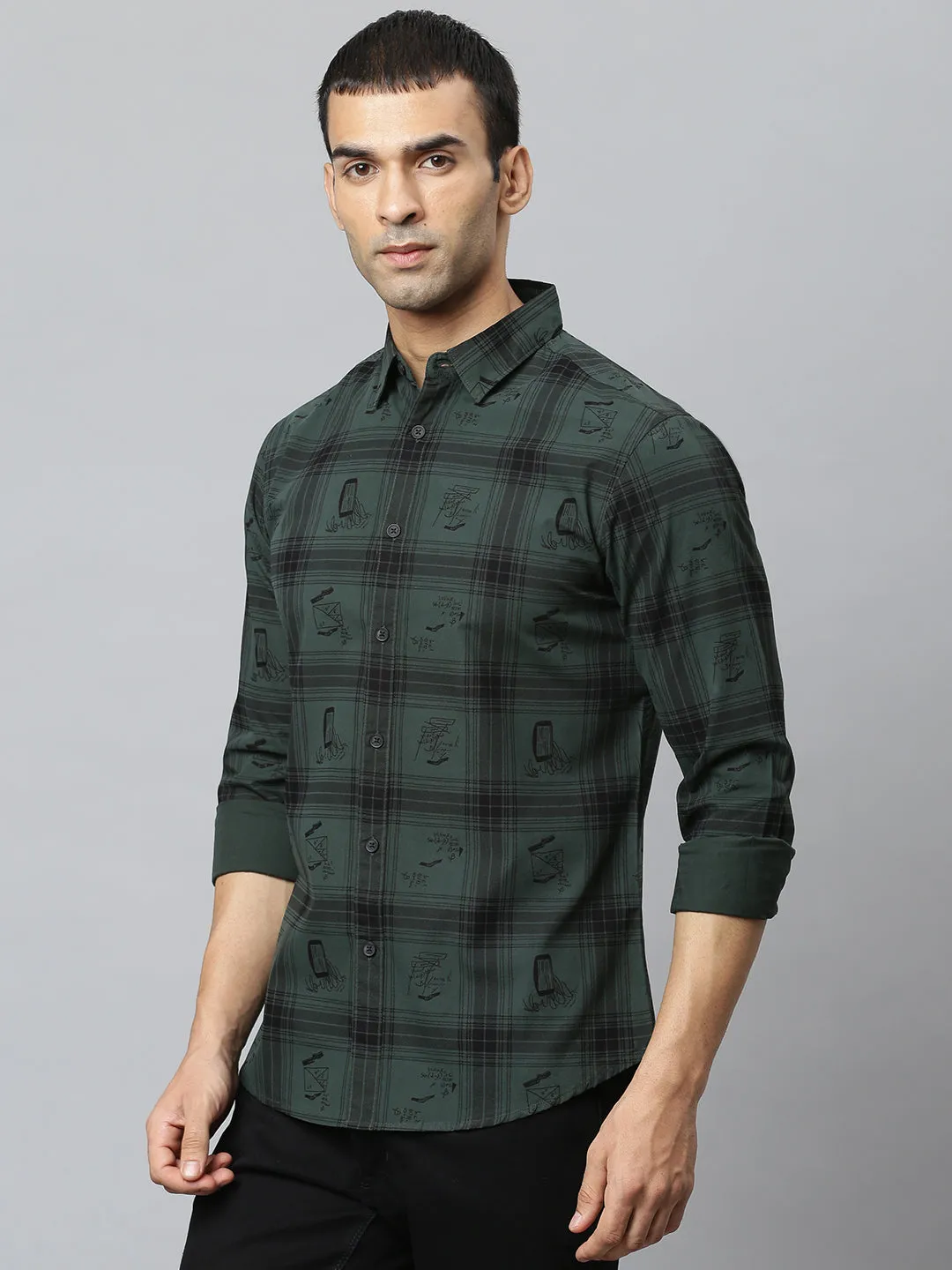 Men's  Spread Collar Full Sleeves Big Checks Shirt (Green)