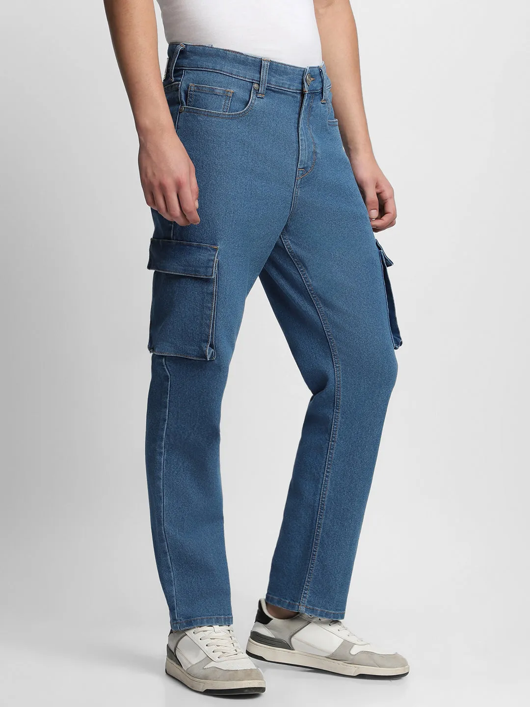 Men's Straight Cargo Fit Washed Indigo Stretchable Jeans