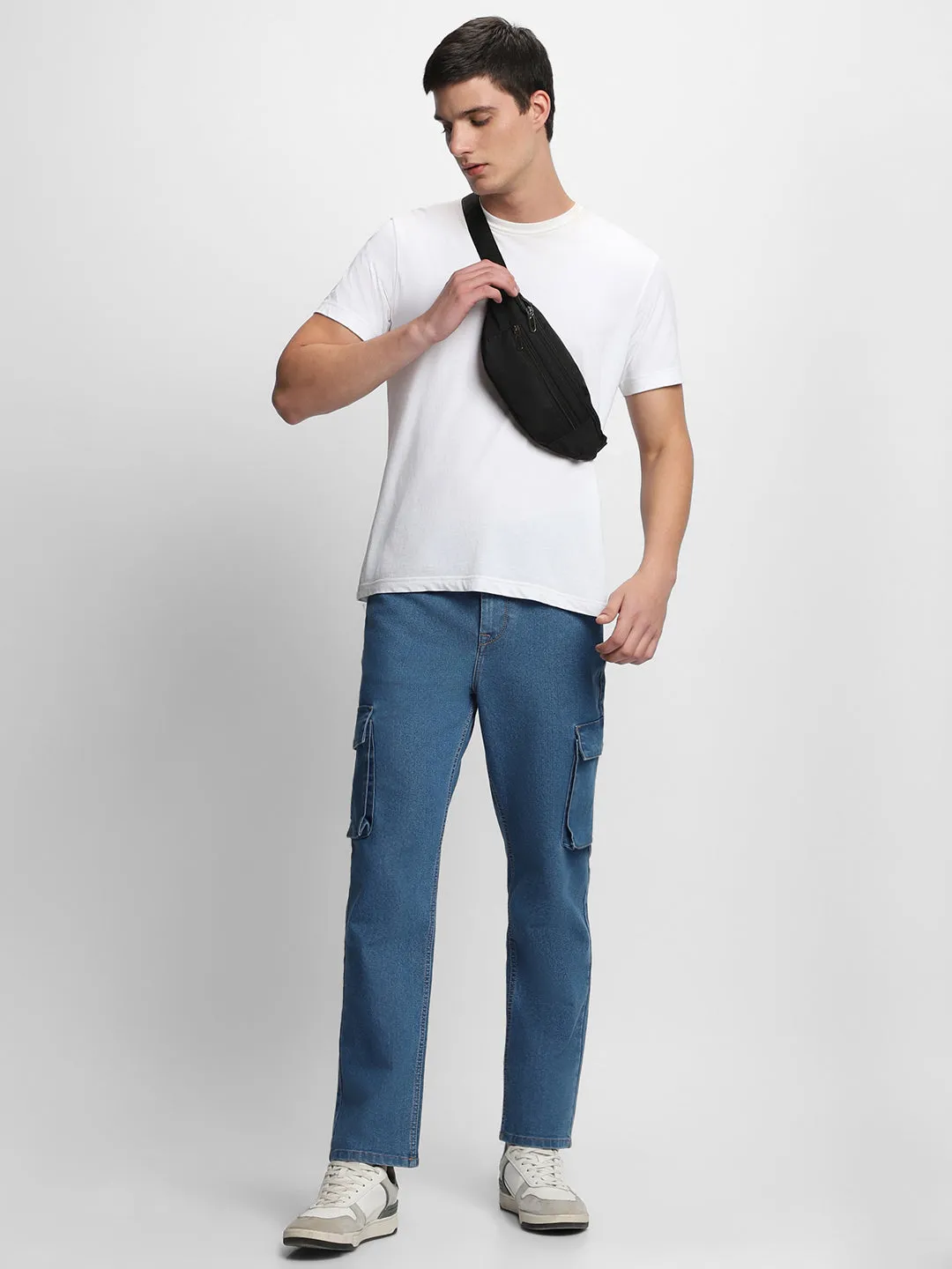 Men's Straight Cargo Fit Washed Indigo Stretchable Jeans