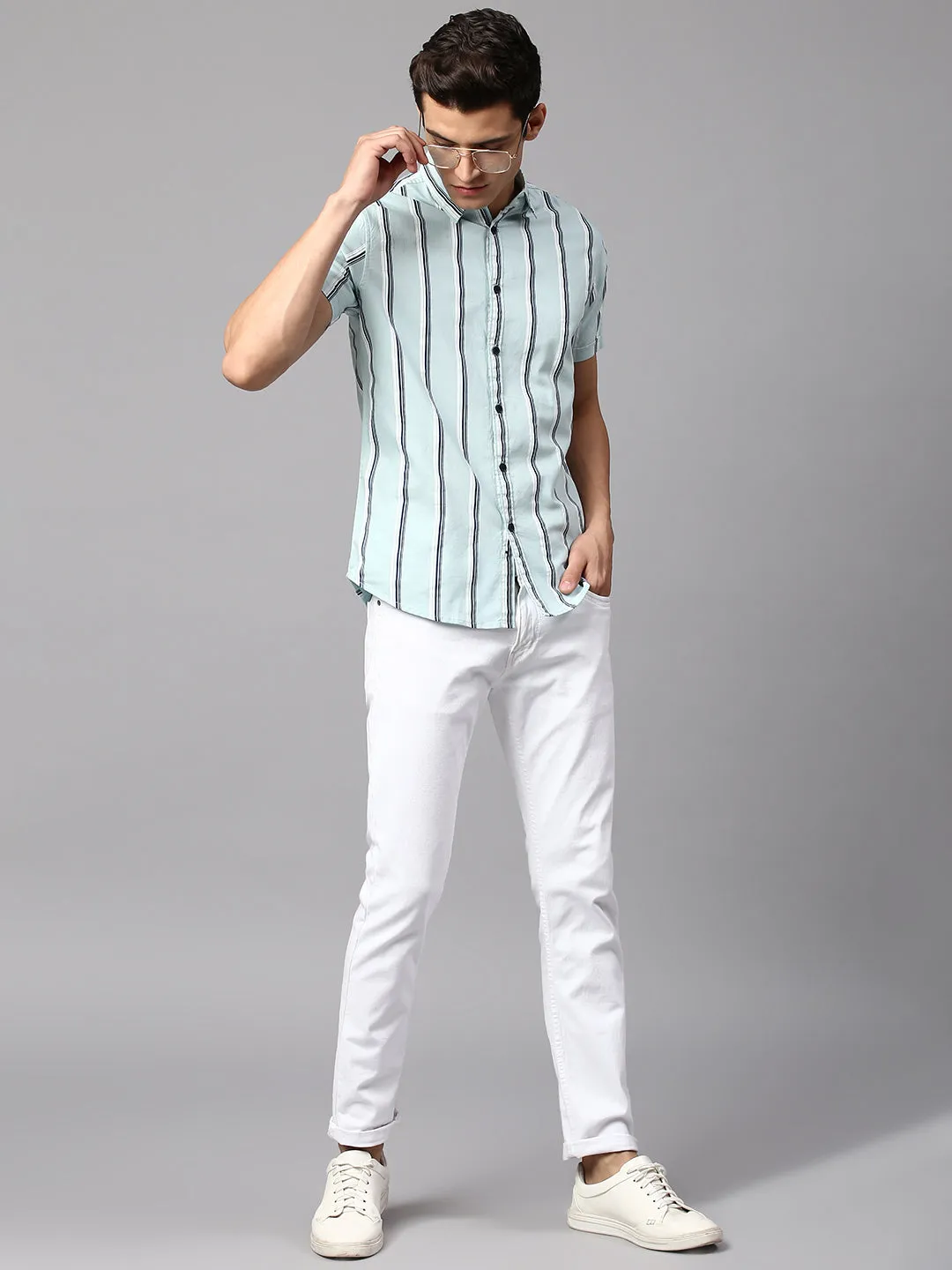 Men's Striped Dusty Teal Slim Fit Casual Shirt  Spread Collar