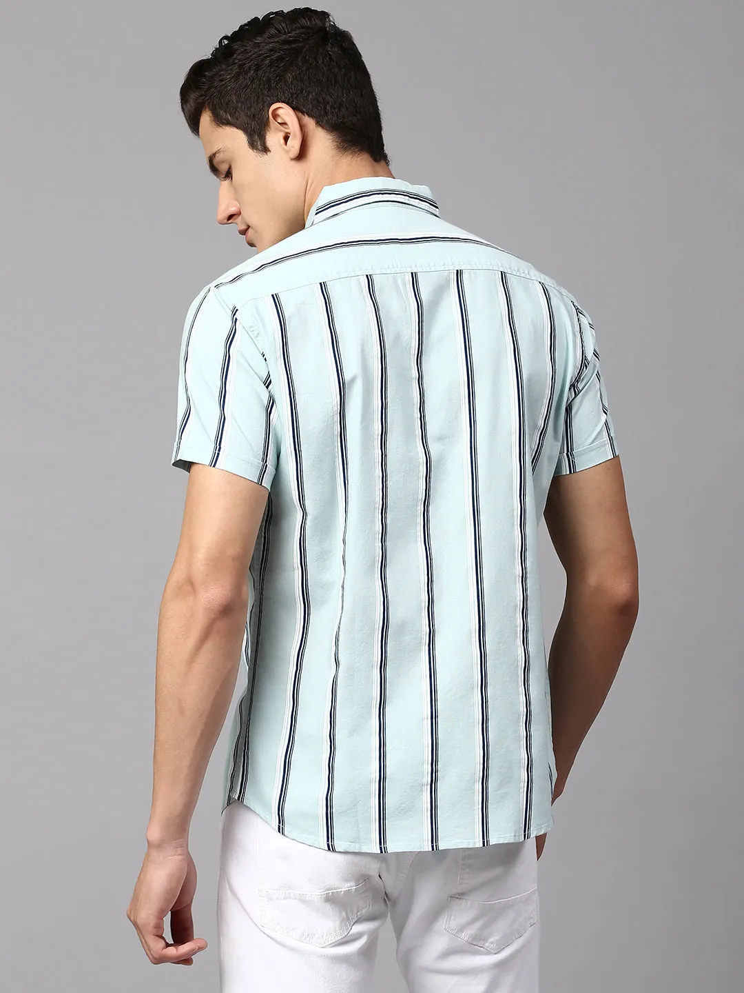 Men's Striped Dusty Teal Slim Fit Casual Shirt  Spread Collar