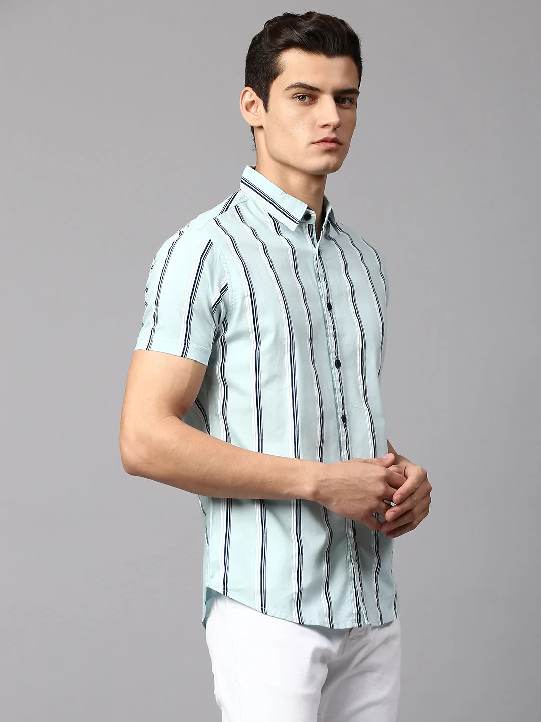 Men's Striped Dusty Teal Slim Fit Casual Shirt  Spread Collar