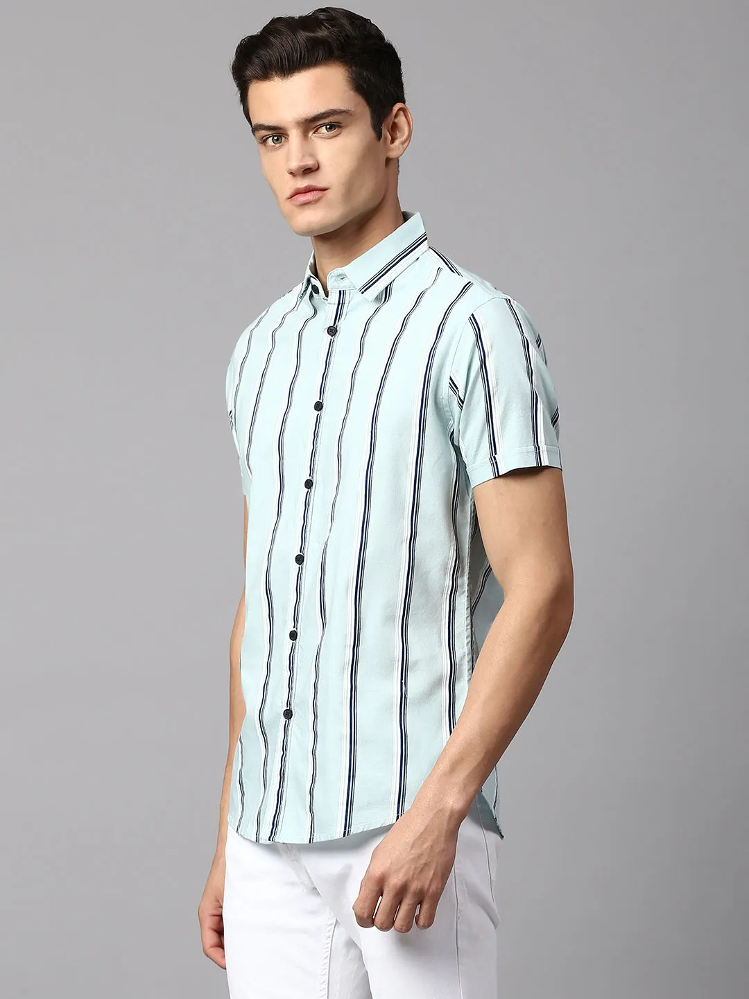 Men's Striped Dusty Teal Slim Fit Casual Shirt  Spread Collar