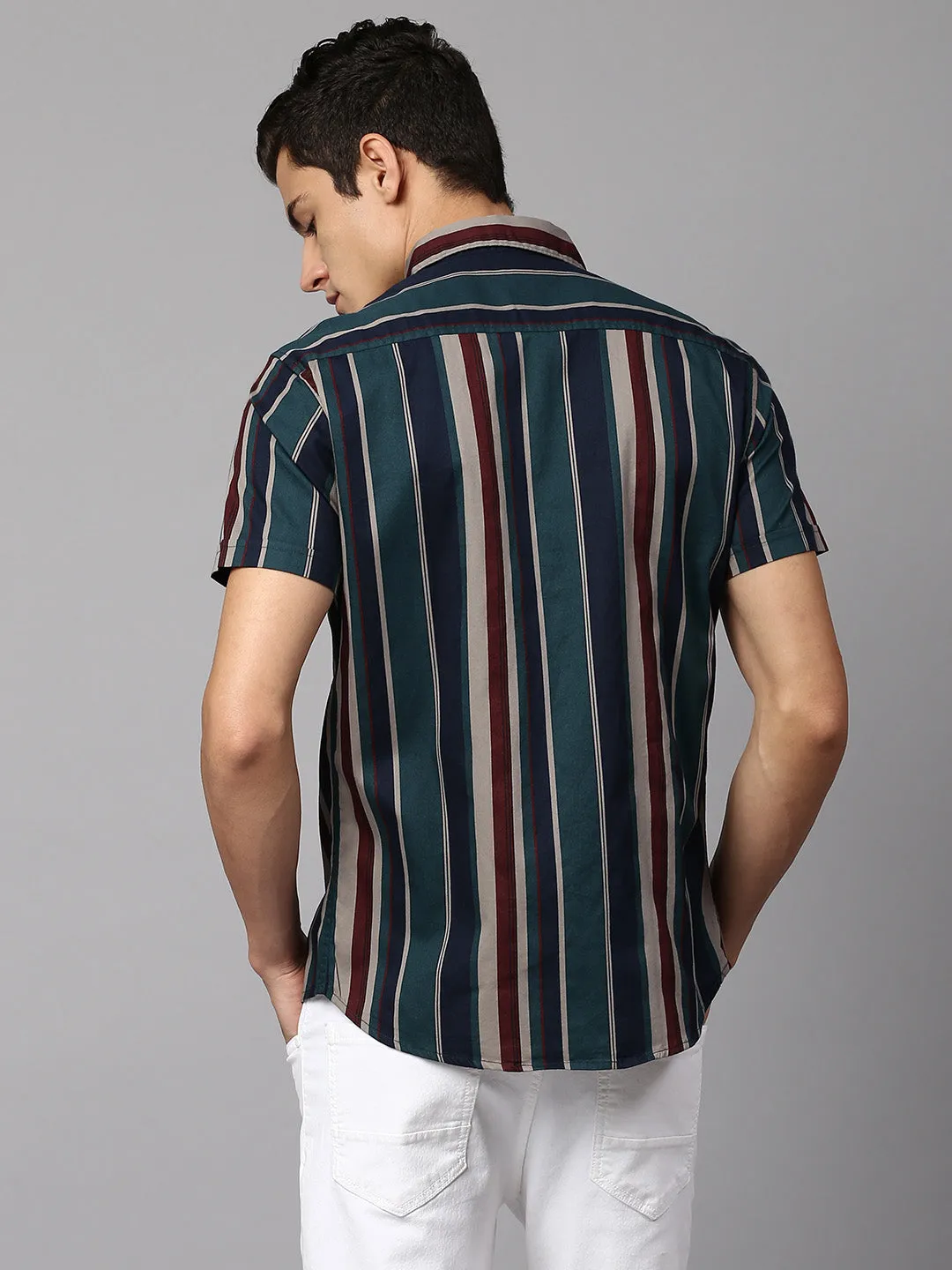 Men's Striped T-Green Slim Fit Casual Shirt  Spread Collar