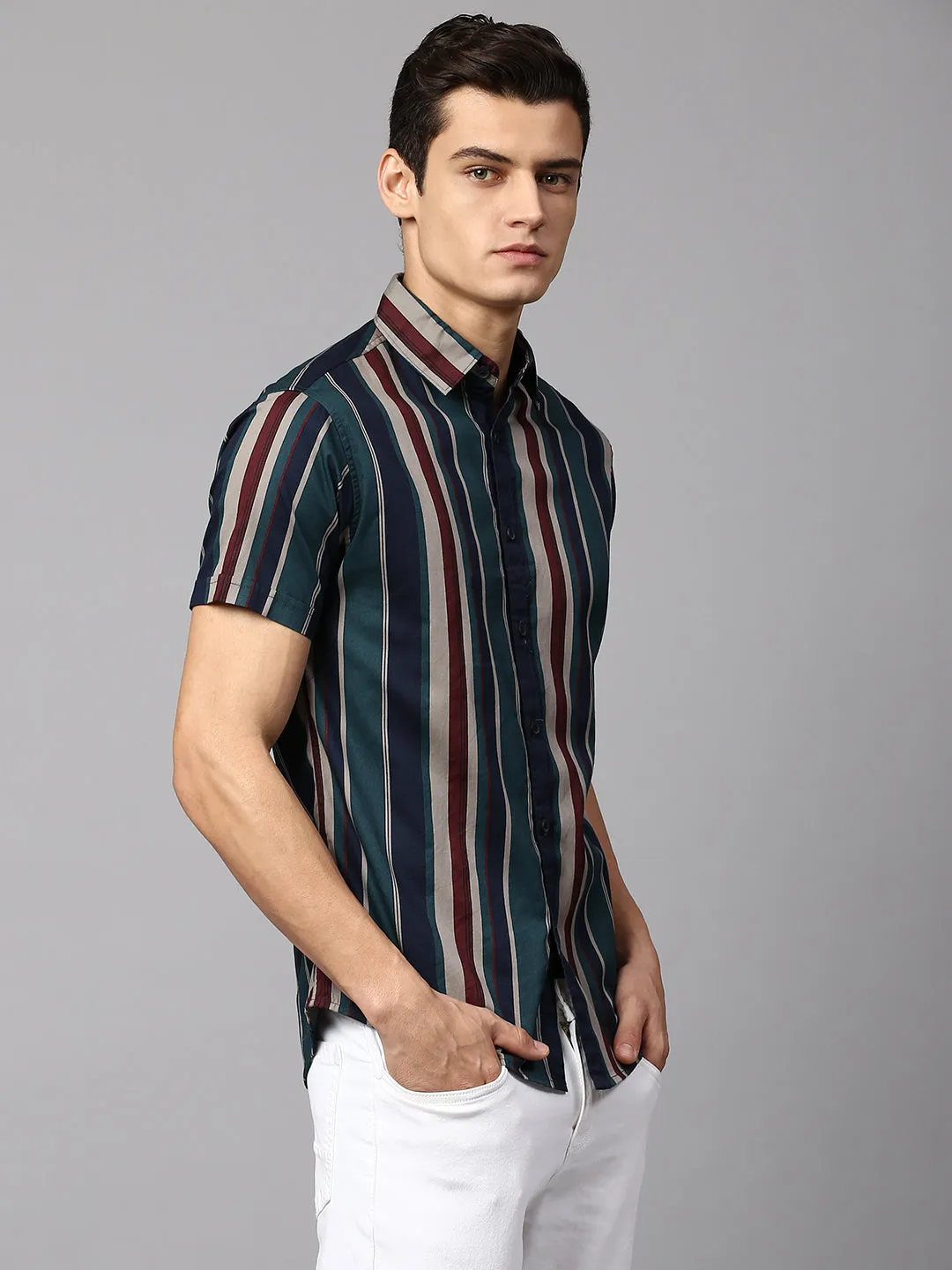 Men's Striped T-Green Slim Fit Casual Shirt  Spread Collar