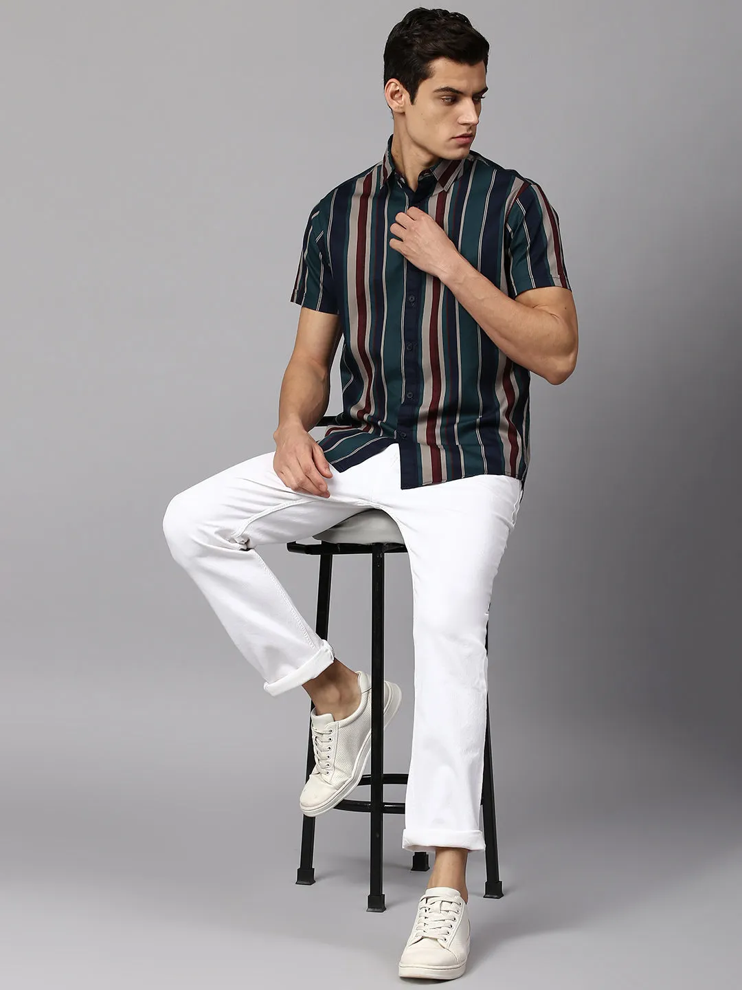 Men's Striped T-Green Slim Fit Casual Shirt  Spread Collar