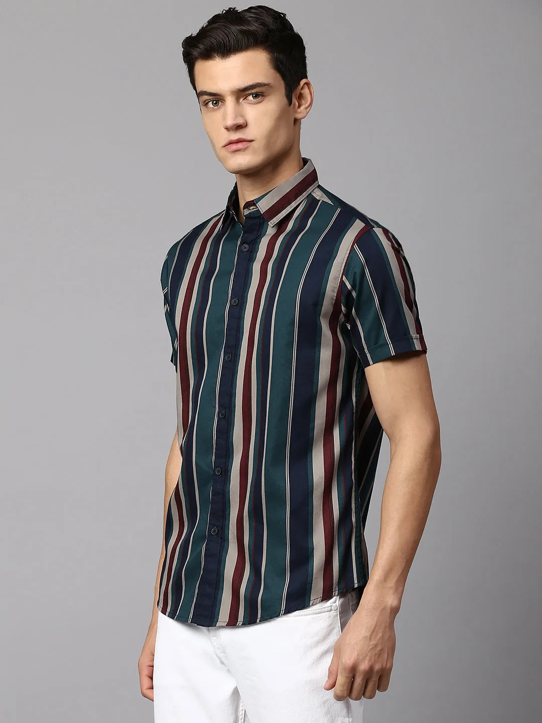 Men's Striped T-Green Slim Fit Casual Shirt  Spread Collar