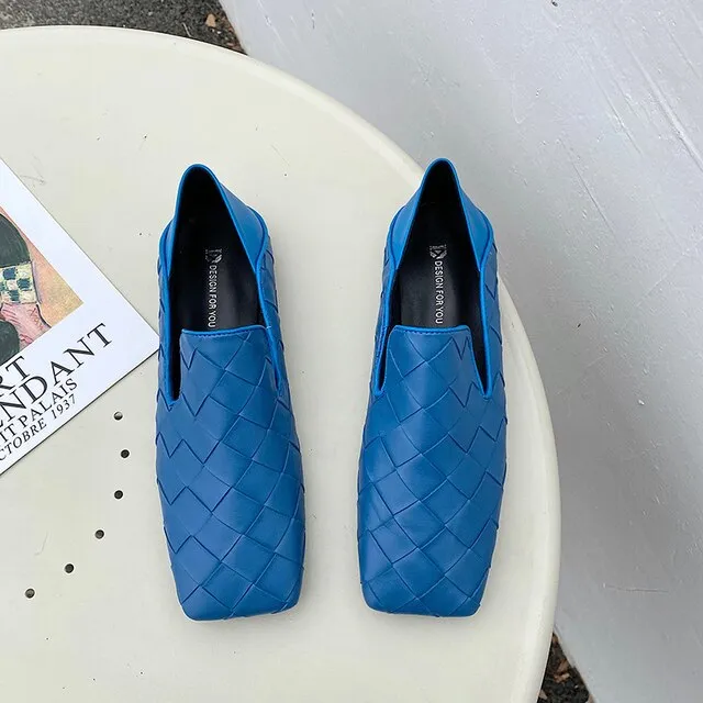 xiangtuibao  Fashion Women Flats Square Toe Slip On Loafers Comfortable Ladies Shoes Flats Heeled Casual Spring/Autumn Fashion Blue Shoes